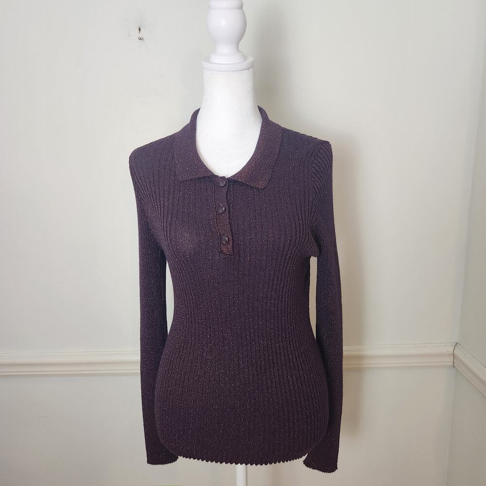 MNG Mango Sweater Sz US Large Womens Purple Sparkle Ribbed Henley Fitted Fairy